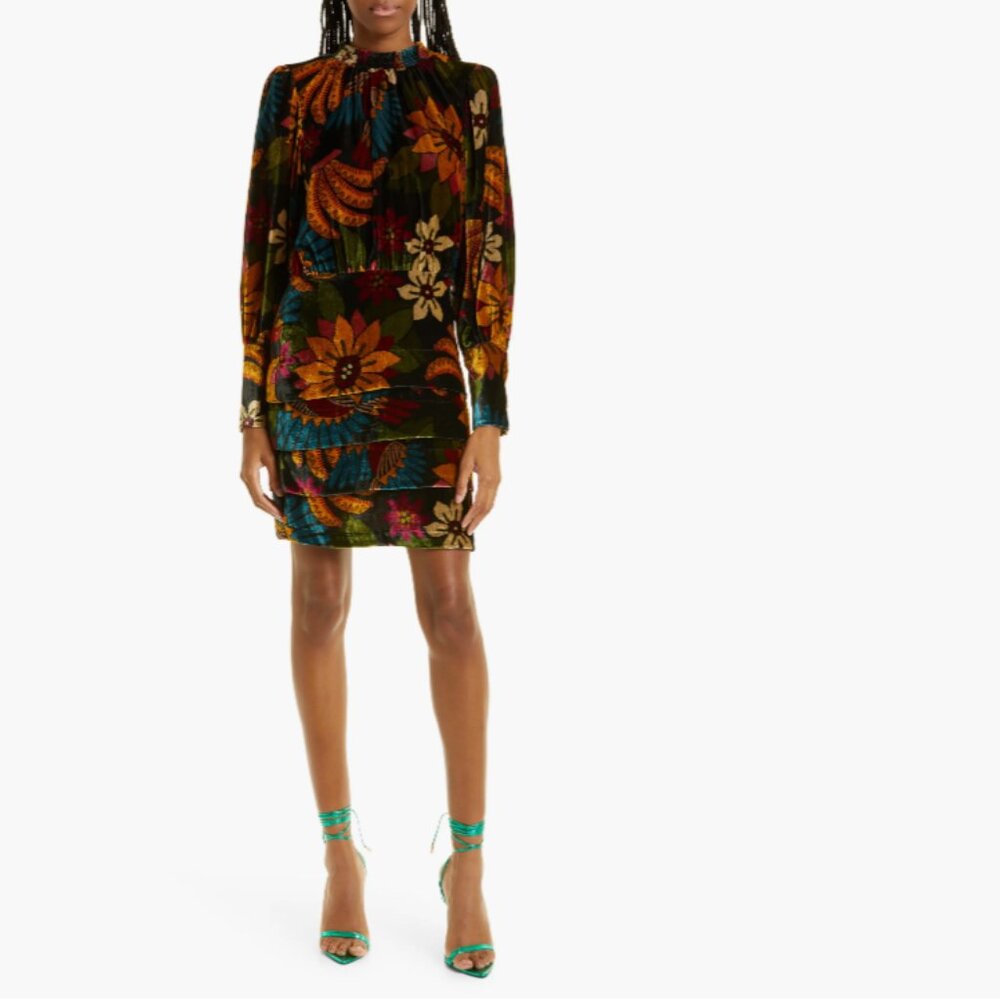 FARM Rio Macaw Ballet Velvet Mini Dress S Long Sleeve Party Floral High Neck - Picture 2 of 15